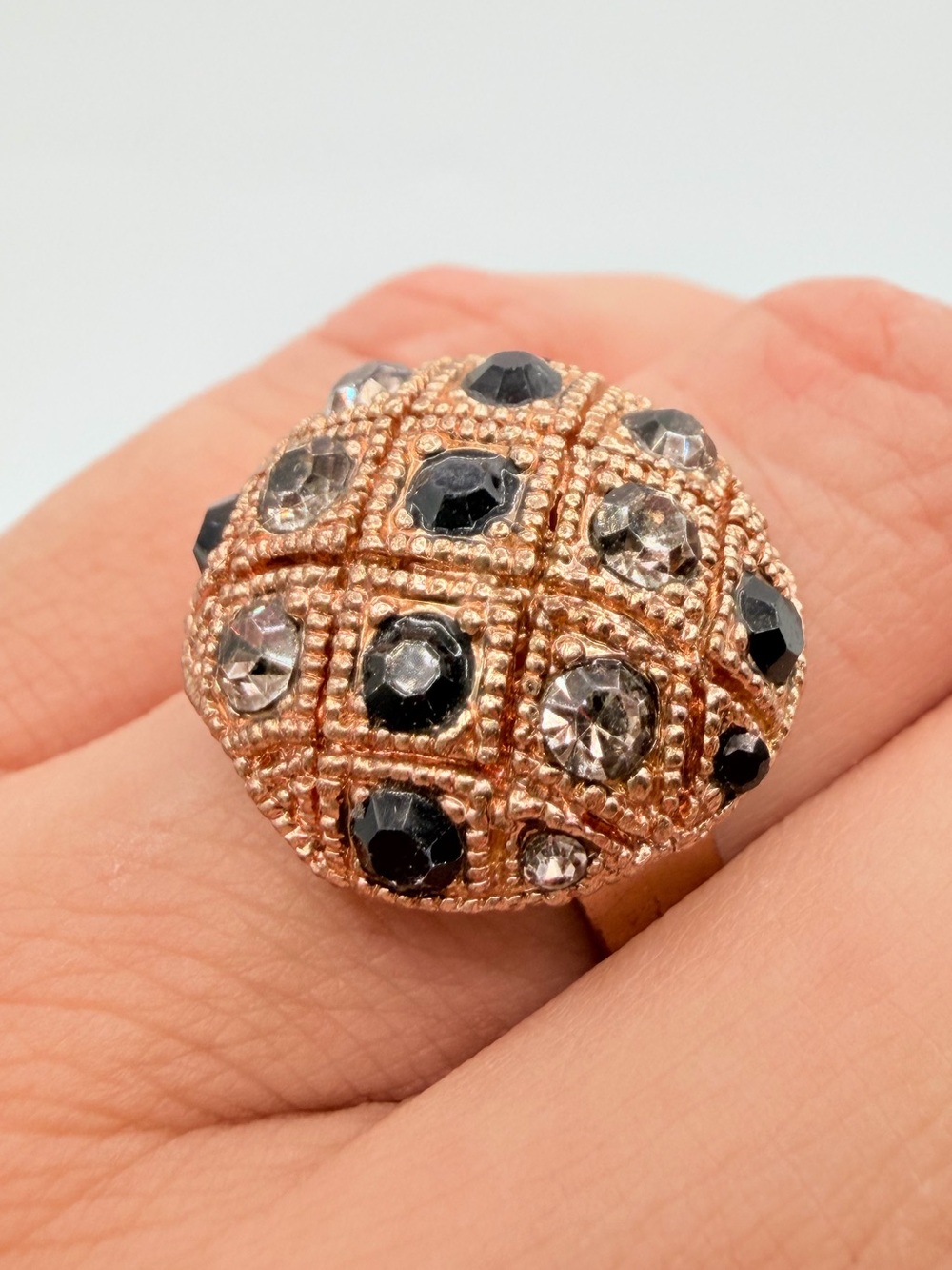 Vintage Copper Gold-Tone Statement Ring with Black & Clear Rhinestone–Adjustable